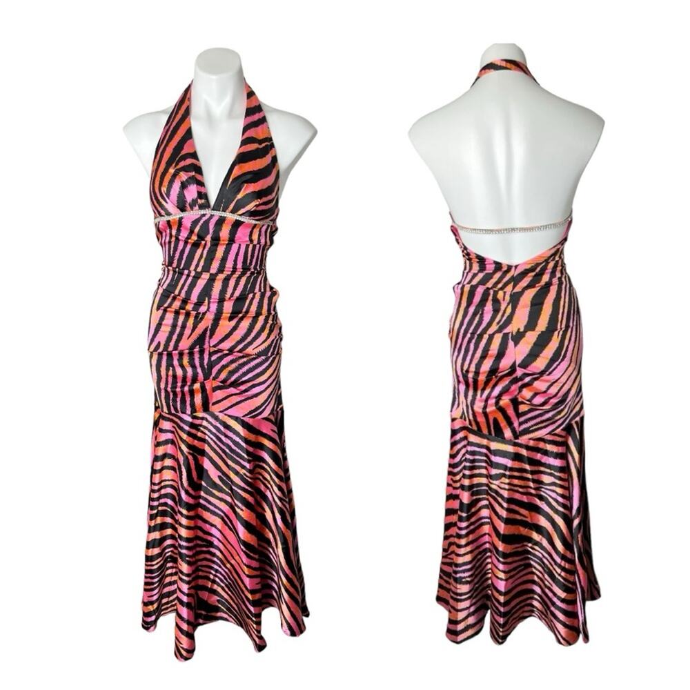 Y2K Jump Apparel hot pink orange tiger stripe rhinestone formal prom dress sz XS
